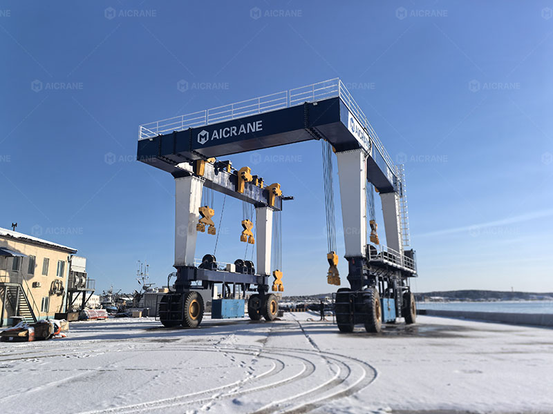marine travel lift operating in harsh winter conditions